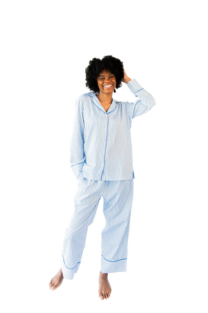 Ticking Stripe Luxe Sateen Full Pajama Set - Blue - Pajama Sets from Jaye's Studio
