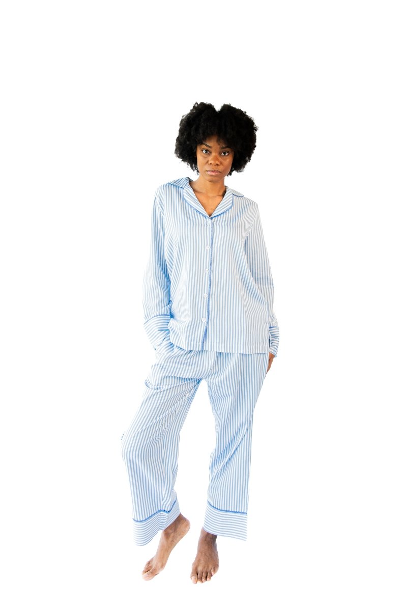 Ticking Stripe Luxe Sateen Full Pajama Set - Blue - Pajama Sets from Jaye's Studio