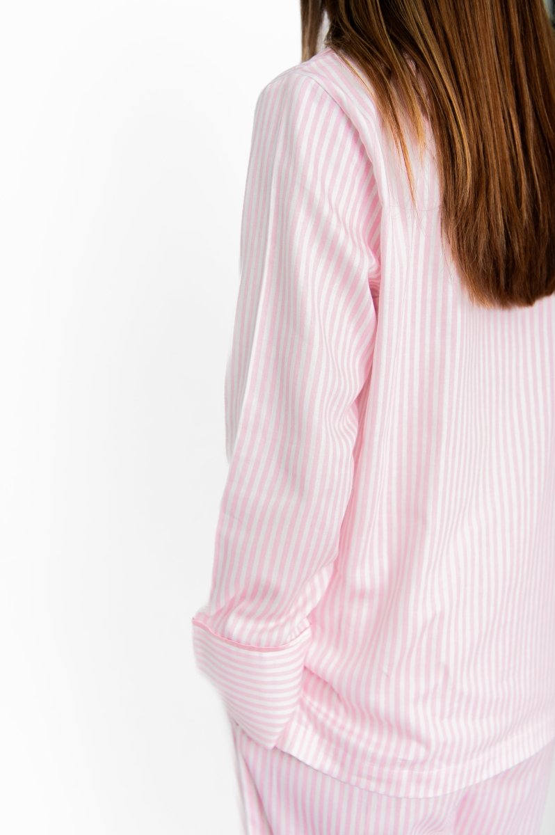 Ticking Stripe Luxe Sateen Full Pajama Set - Light Pink - Pajama Sets from Jaye's Studio