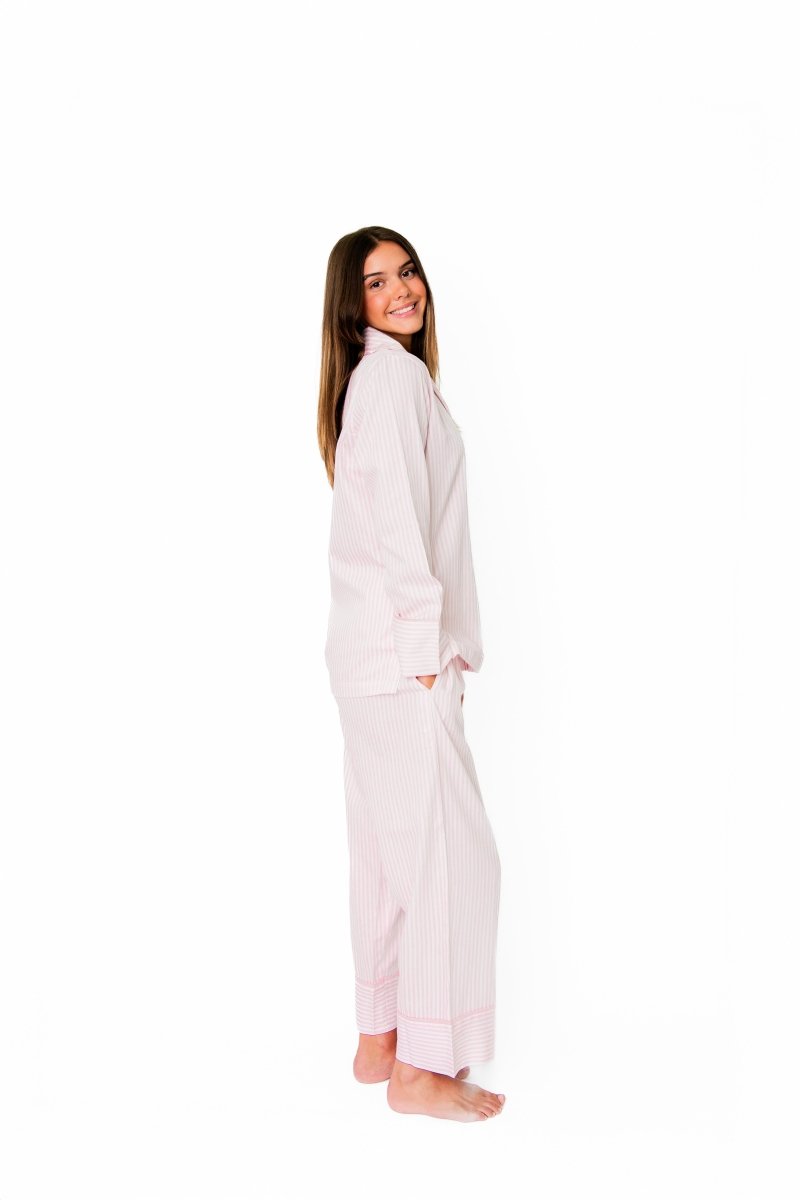 Ticking Stripe Luxe Sateen Full Pajama Set - Light Pink - Pajama Sets from Jaye's Studio