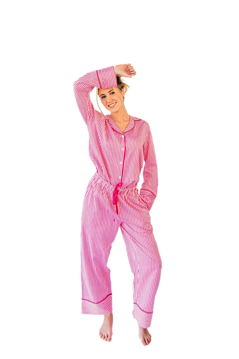 Ticking Stripe Luxe Sateen Full Pajama Set - Pink - Pajama Sets from Jaye's Studio