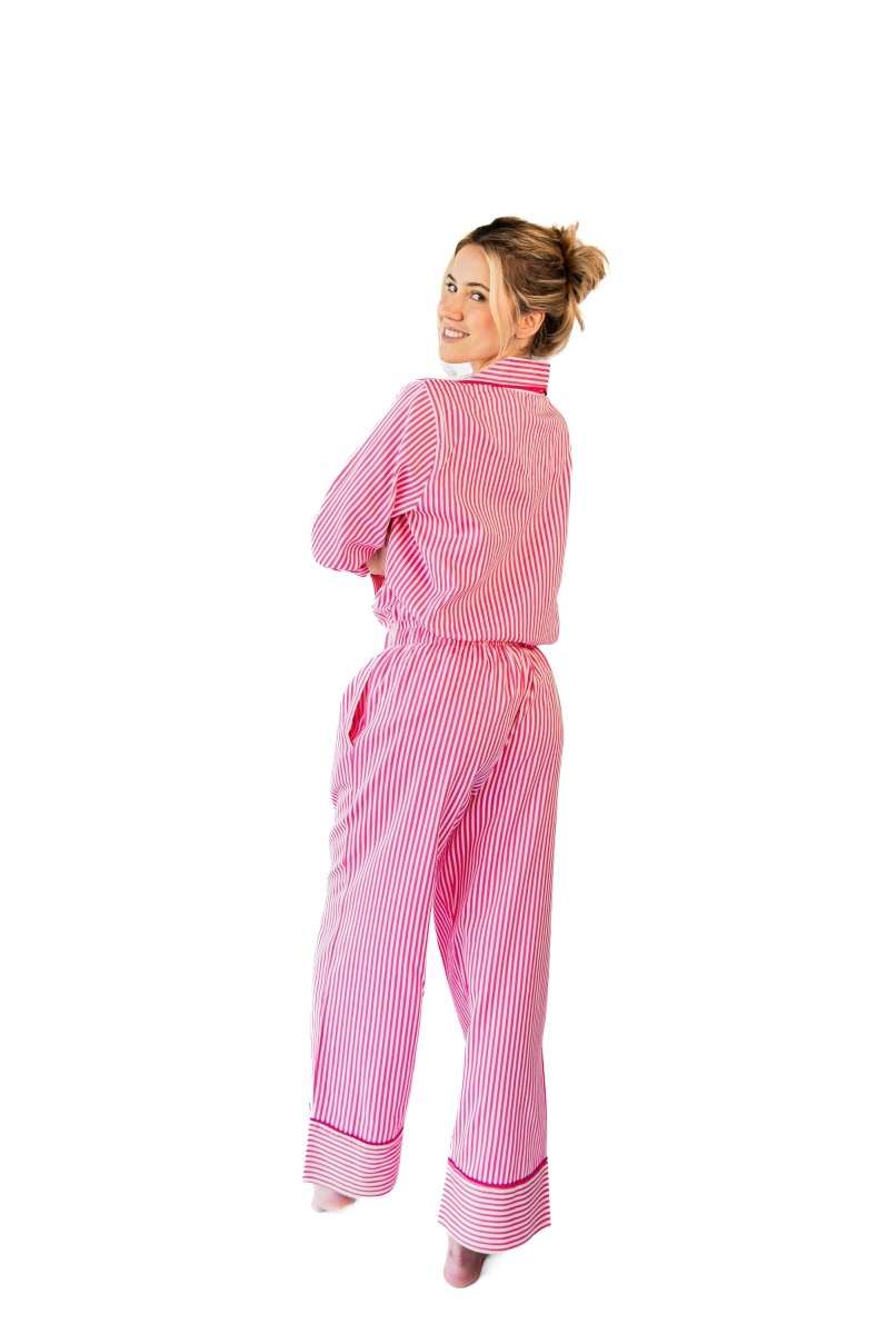 Ticking Stripe Luxe Sateen Full Pajama Set - Pink - Pajama Sets from Jaye's Studio