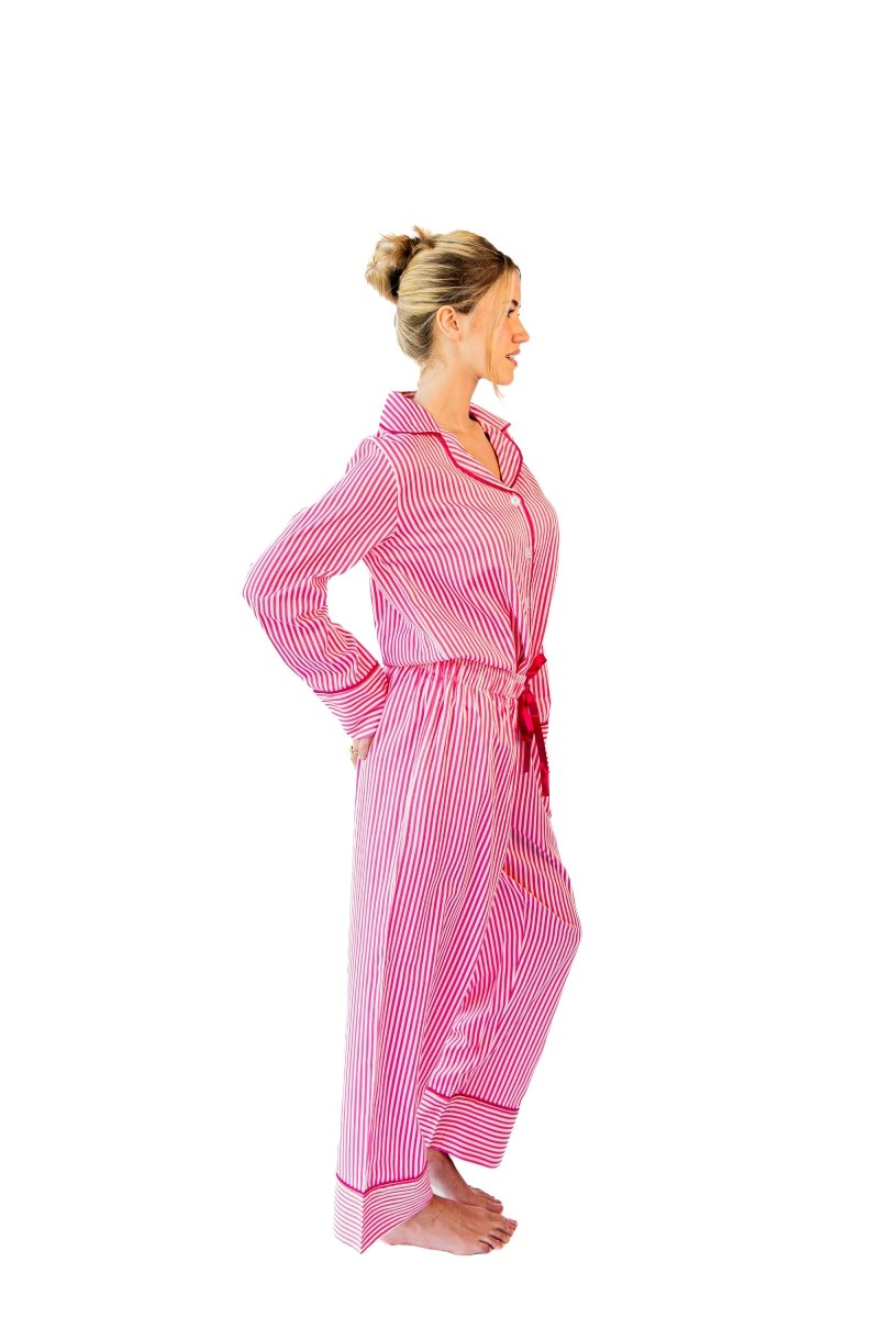 Ticking Stripe Luxe Sateen Full Pajama Set - Pink - Pajama Sets from Jaye's Studio