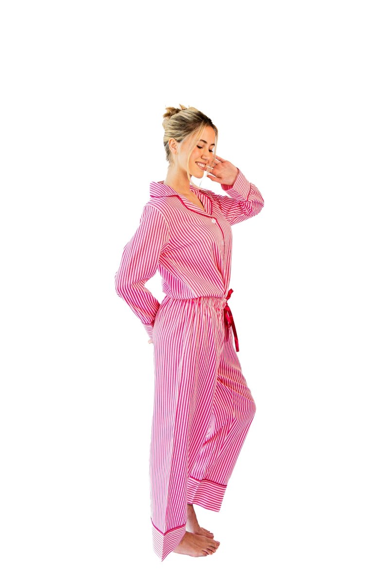 Ticking Stripe Luxe Sateen Full Pajama Set - Pink - Pajama Sets from Jaye's Studio
