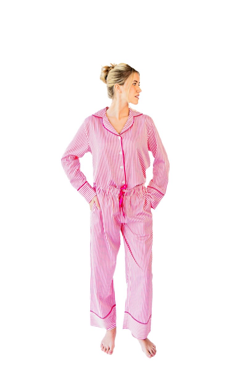 Ticking Stripe Luxe Sateen Full Pajama Set - Pink - Pajama Sets from Jaye's Studio
