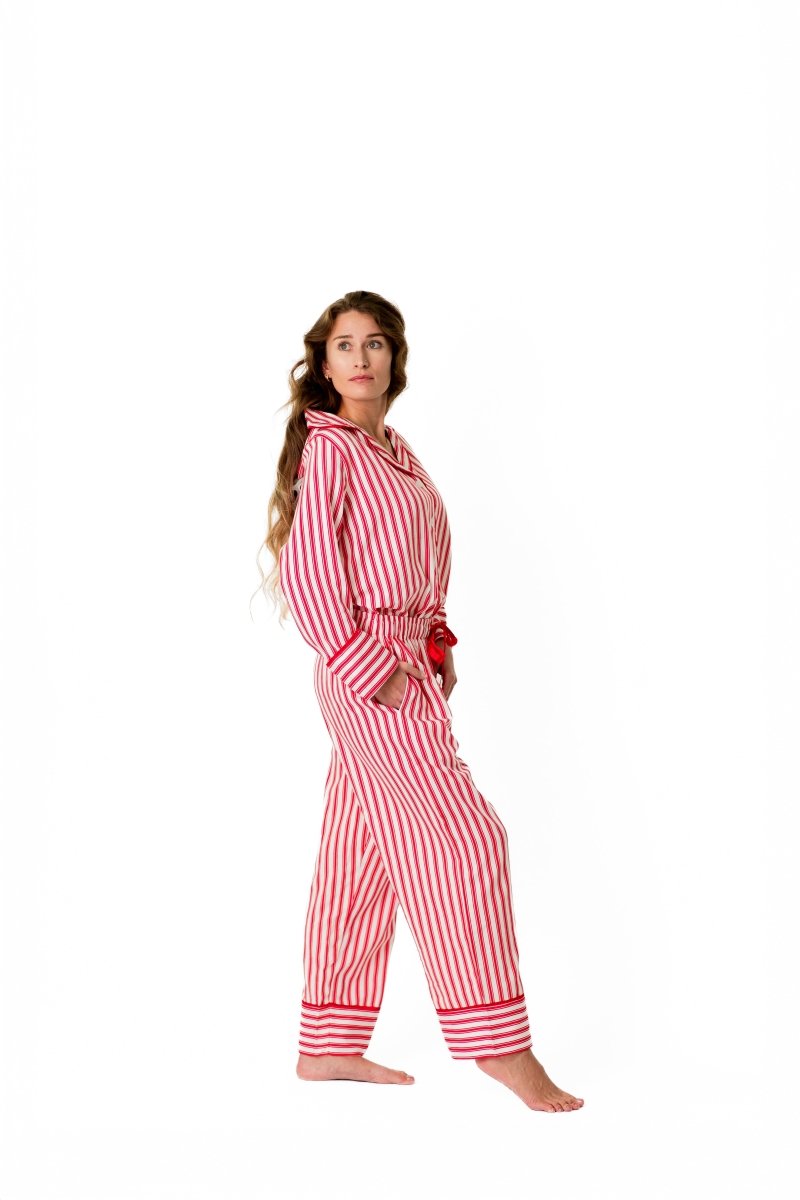 Ticking Stripe Luxe Sateen Full Pajama Set - Red - Pajama Sets from Jaye's Studio