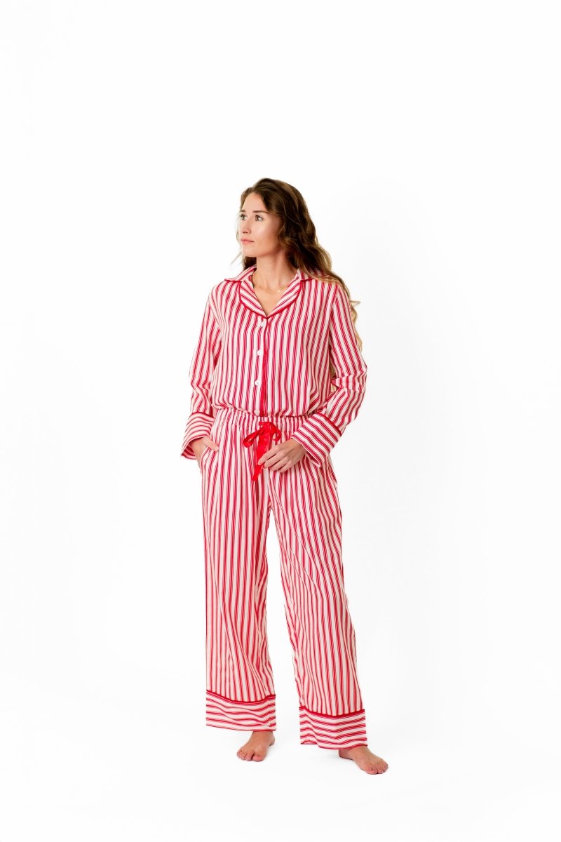 Ticking Stripe Luxe Sateen Full Pajama Set - Red - Pajama Sets from Jaye's Studio