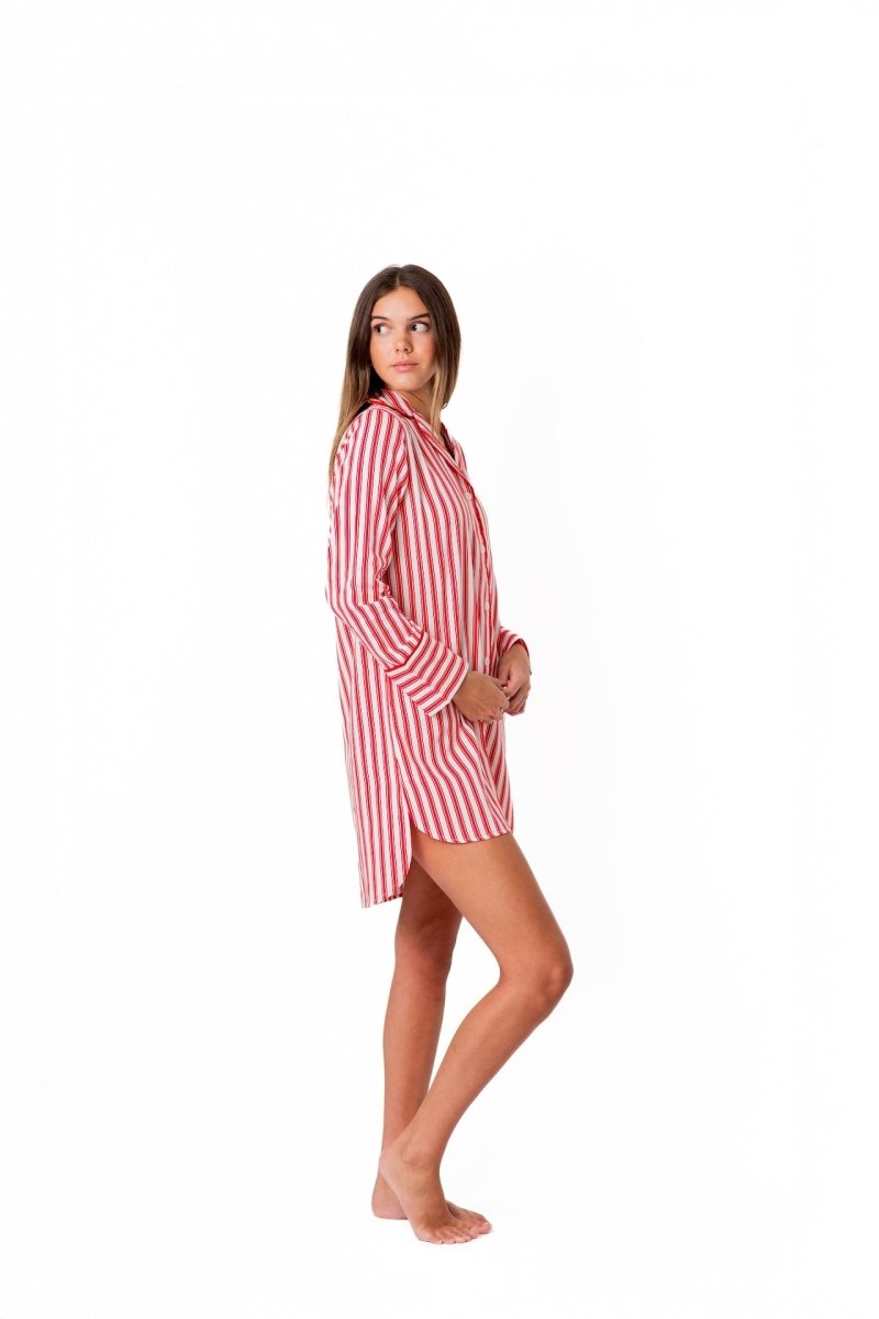 Ticking Stripe Luxe Sateen Sleep Shirt - Red - Sleep Shirt from Jaye's Studio