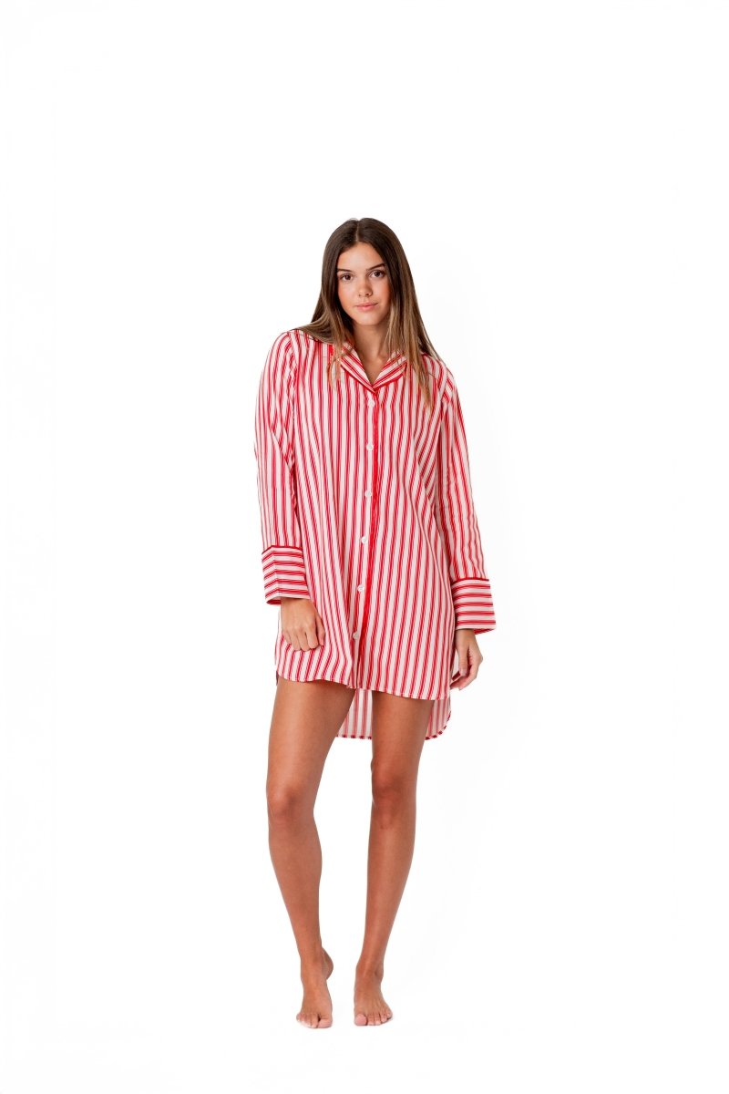 Ticking Stripe Luxe Sateen Sleep Shirt - Red - Sleep Shirt from Jaye's Studio