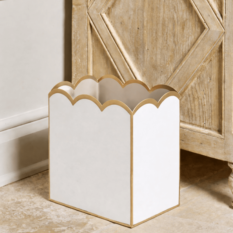 White with Taupe Modern Bathroom Trash Can, Wastebasket, Dustbin for Bedroom, Home Office, Vanity - Rectangle without Lid - Avail 03/20 - Wastebaskets from Jaye's Studio