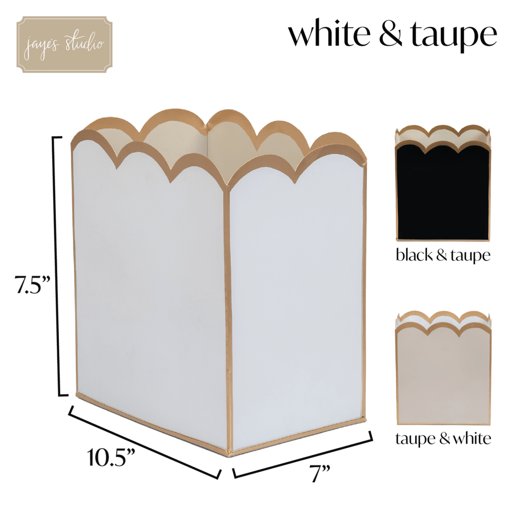 White with Taupe Modern Bathroom Trash Can, Wastebasket, Dustbin for Bedroom, Home Office, Vanity - Rectangle without Lid - Wastebaskets from Jaye's Studio
