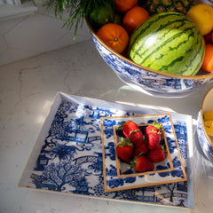 Enameled White and Blue Rectangle Oliver Decorative Tray For Garden Party and Home Decor - 8x12x1 - The Garden Party Collection