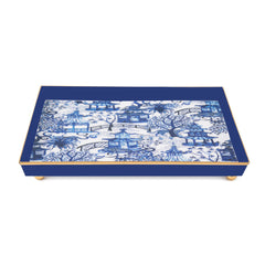 Enameled White and Blue Rectangle Oliver Decorative Tray For Garden Party and Home Decor - 8x12x1 - The Garden Party Collection