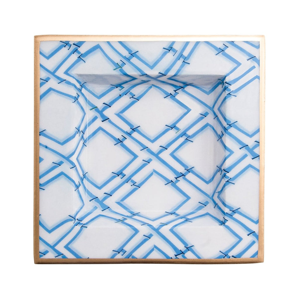Enameled Blue Square Smidge Decorative Tray For Garden Party and Home Decor - 6 in x 6 in x 1 in - The Cane Collection